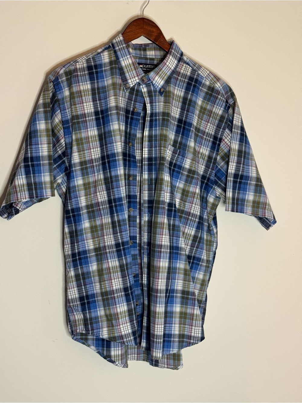 Puritan Blue Green White Plaid Short-Sleeve Button-Down